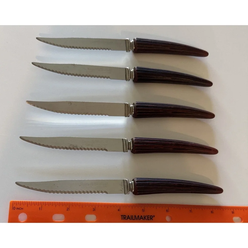 Vtg Regent Stainless Sheffield, England Bakelite Faux Stag Horn Steak Knives 5pc